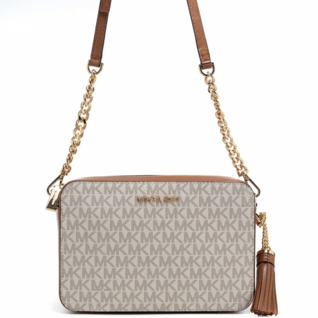 borsa a tracolla donna ginny in pelle e tela con stampa logo mk panna cuoio
