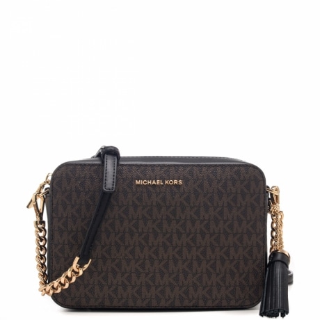 borsa a tracolla donna ginny in pelle e tela con stampa logo mk marrone nero