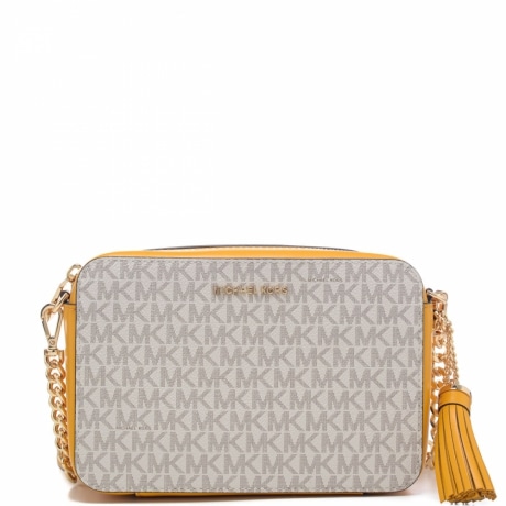 borsa a tracolla donna ginny in pelle e tela con stampa logo mk bianca senape