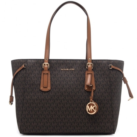 borsa shopping donna voyager in pelle con stampa logo mk marrone