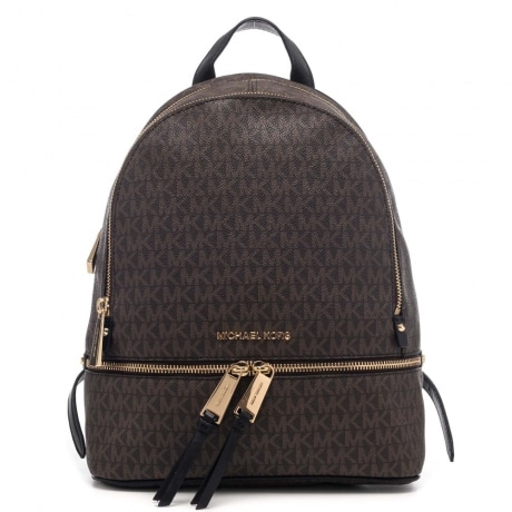 zaino donna rhea con zip in tela con stampa logo mk marrone nero
