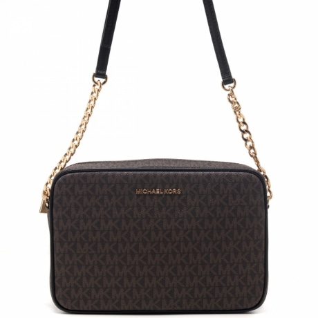borsa a tracolla jet set large in pelle e tela con stampa logo mk marrone nero
