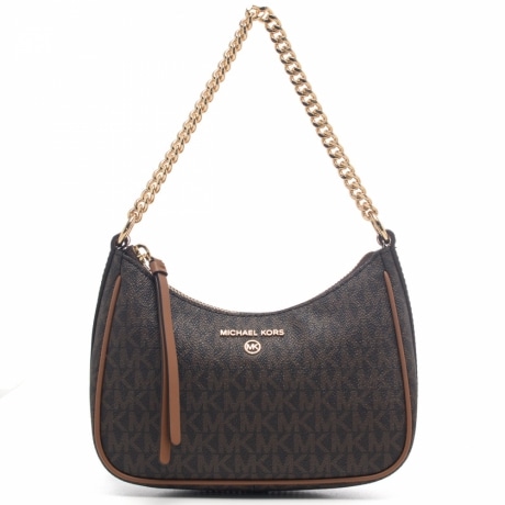 borsa a spalla donna jet set charm piccola in pelle e tela con stampa logo mk marrone cuoio