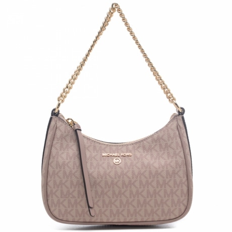 borsa a spalla donna jet set charm piccola in pelle e tela con stampa logo mk cipria