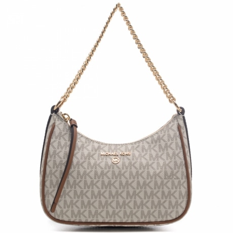 borsa a spalla donna jet set charm piccola in pelle e tela con stampa logo mk panna cuoio