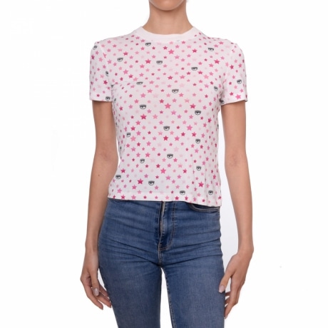 t-shirt donna rainbow bianca con stampa logo rosa