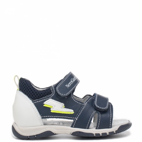 sandali bimbo in pelle blu con doppio strappo e tallone bianco