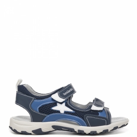 sandali bimbo in pelle e tessuto blu con doppio strappo