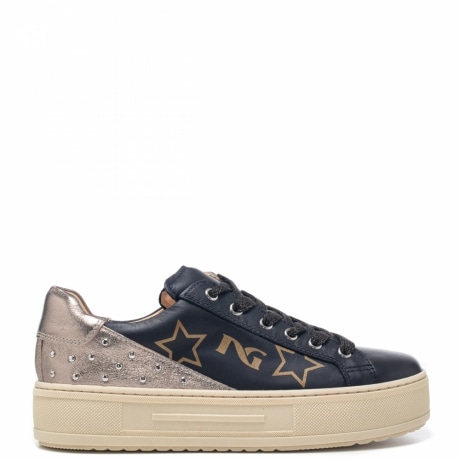 Sneakers bimba con borchie in pelle nera e laminata oro rosa