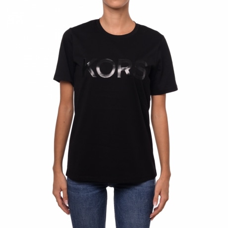 T-shirt donna maniche corte con logo lettering ton sur ton nero