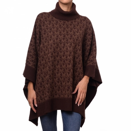 Poncho donna collo alto con trama logata jacquard in lana marrone