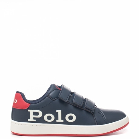 sneakers bimbo blu e tallone rosso con strappi e scritta logo laterale