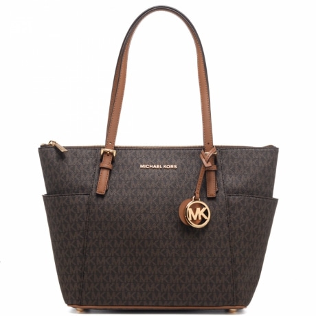 borsa donna a spalla jet set item con stampa logo mk marrone cuoio