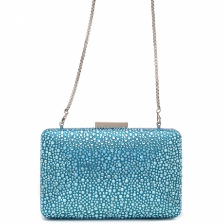 Pochette clutch rettangolare donna con tracolla in catena fine e strass celeste