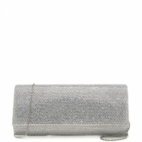 Pochette a baguette donna con catena fine e cristalli argento