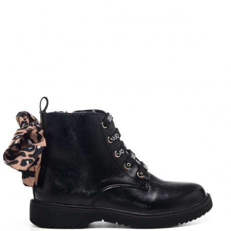 Stivaletti bimba stringati e dettaglio fiocco posteriore nero e leopard