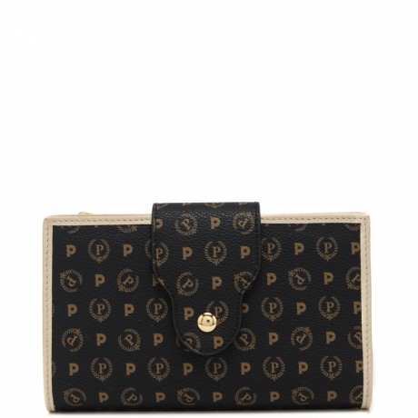 portafoglio donna in pelle con bottone automatico e stampa heritage nero e avorio