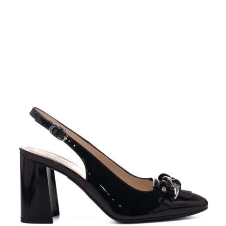 Décolleté slingback alte da donna con morsetto metallico in vera pelle nero