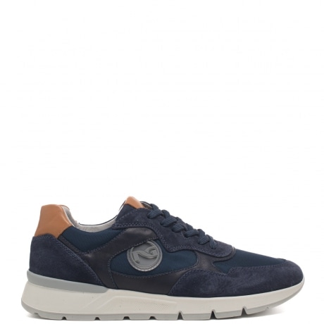 Sneakers uomo in pelle blu con logo sul lato esterno