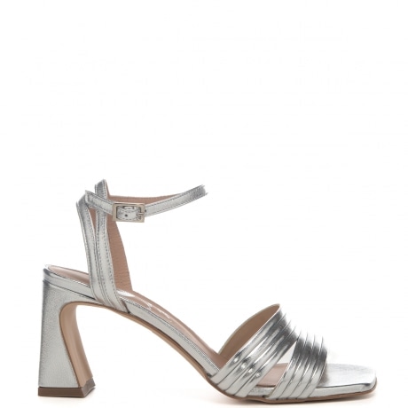 Sandali donna in pelle effetto laminato argento