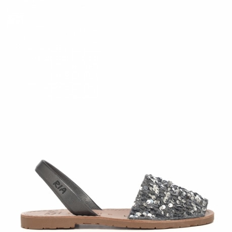 Sandali minorchina slip on bassi da donna in pelle con paillettes grigio niquel