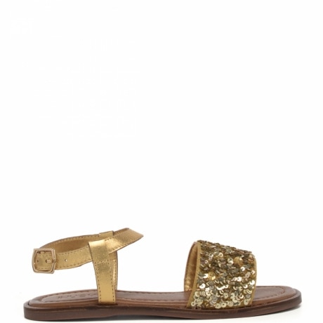 Sandali bassi da donna con paillettes in pelle laminata dark gold oro