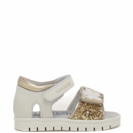 Sandali da bimba neonata  con fascette a strappo in velcro e pelle bianca laminata oro con glitter