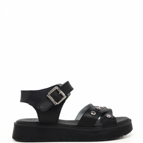 Sandali da bambina con fascette in vera pelle nera con borchie
