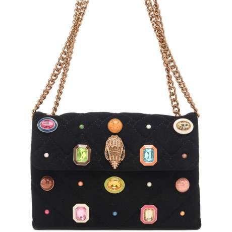 borsa a tracolla da donna crystal medium kensington con tracolla a catena in pelle nera e cristalli multicolor