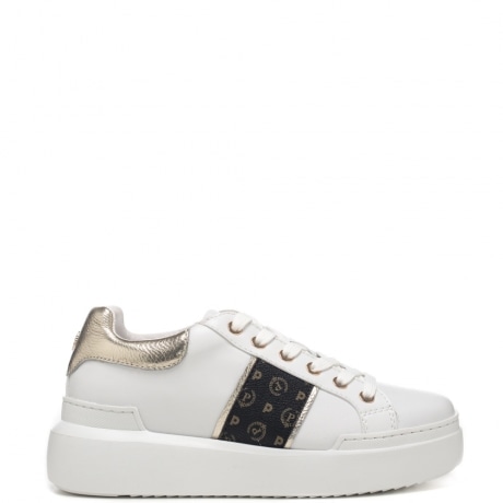 sneakers da donna con patch heritage e inserti oro in vera pelle bianca