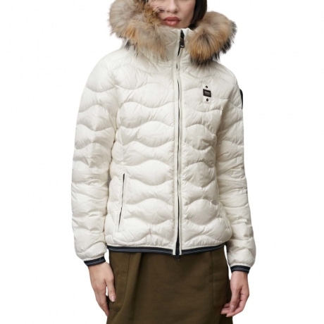 giubbino corto da donna aldie imbottito in piuma con cappuccio in pelliccia bianco interno beige