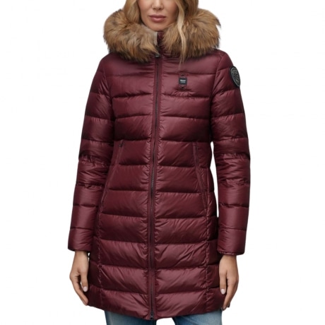 giubbino lungo impermeabile da donna  kristin imbottito in ovatta con cappuccio rosso interno rosa