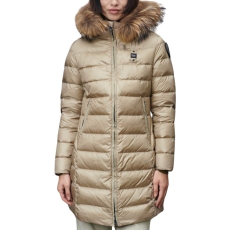 giubbino lungo impermeabile da donna  kristin imbottito in ovatta con cappuccio beige interno celeste