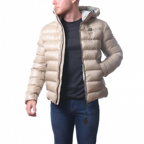 giubbino corto da uomo adams imbottito in ovatta beige con cappuccio interno celeste brina