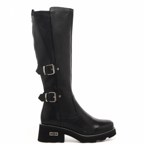 stivale da donna grace con gambale alto e dobbia fibbia in vera pelle nera