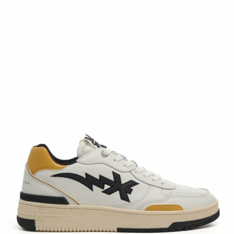 sneakers da uomo in vera pelle bianca con tallone giallo