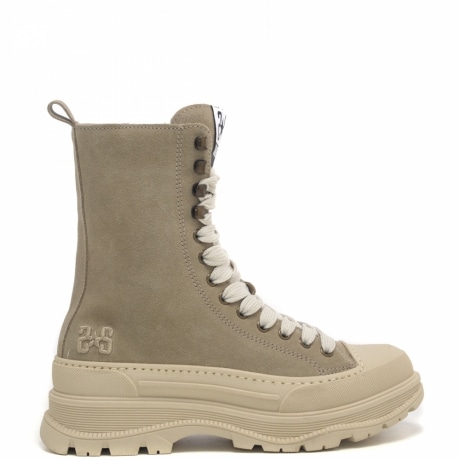 stivaletti da donna con lacci e cerniera laterale in pelle scamosciata beige