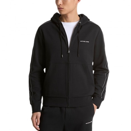 Felpa in misto cotone con fettuccia logo, cappuccio e zip nera