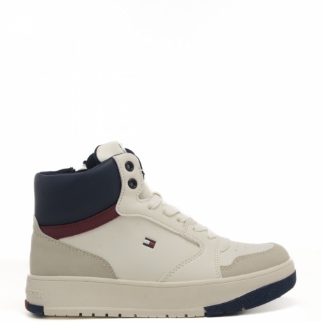 Sneakers alte bianche e blu da bambino con lacci e logo