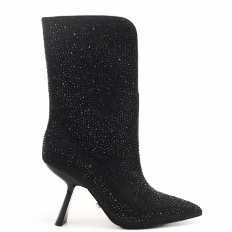 tronchetti in raso con strass all over e tacco scultoreo neri 