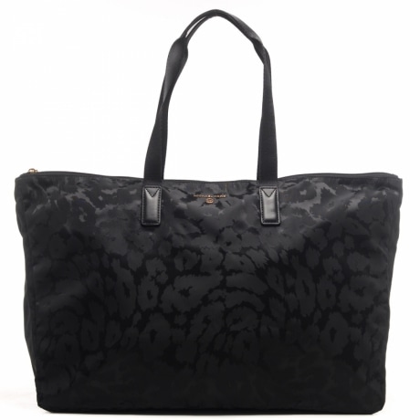 shopping bag da donna in tessuto con trama animalier e logo lettering nera