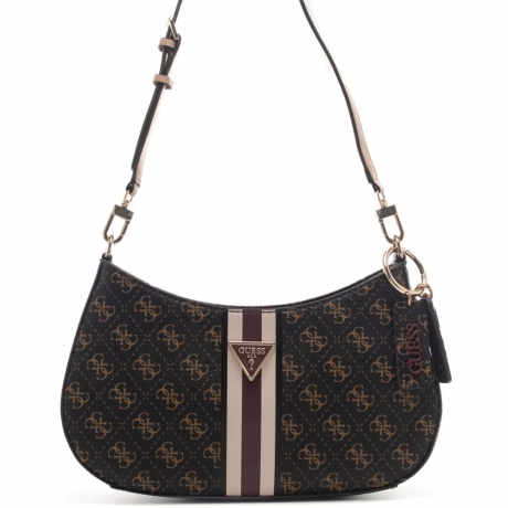 borsa a spalla  da donna con trama logata e inserto centrale con logo marrone 
