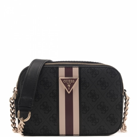 borsa a tracolla da donna con trama logata e inserto centrale con logo nera