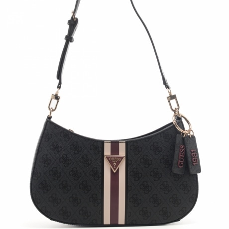 borsa a spalla da donna con trama logata e inserto centrale con logo nera
