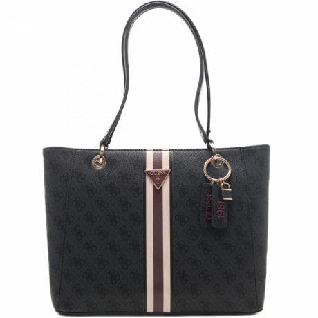 borsa a spalla da donna con trama logata e inserto centrale con logo nera 