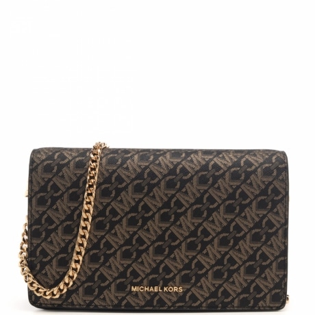 borsa a tracolla da donna con tracolla in catena e logo all over nera e oro