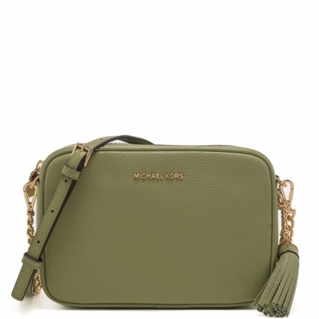 borsa a tracolla da donna md camera bag in vera pelle martellata con logo in metallo dorato lettering verde salvia