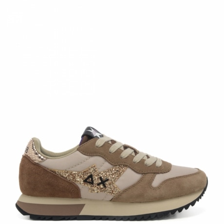 sneakers da donna stargirl glitter logo con logo esterno glitterato e inserto con pelle pitonata sul retro beige 