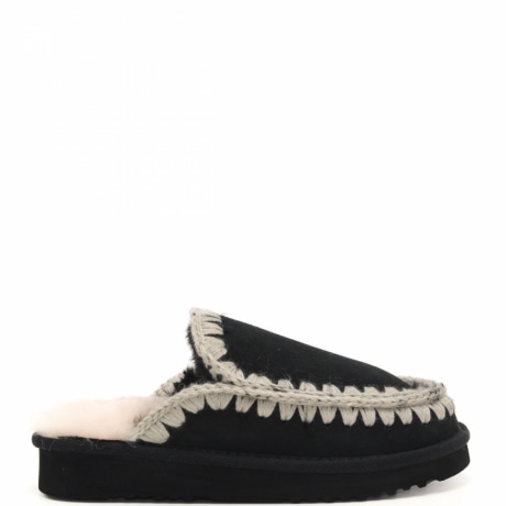 scarpe da donna eskimo stitching clog in vera pelle con cuciture in lana bianco e nero 