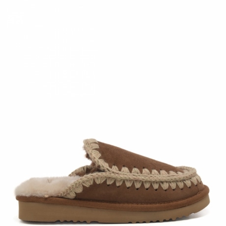 scarpe da donna eskimo stitching clog in vera pelle con cuciture in lana beige scuro 